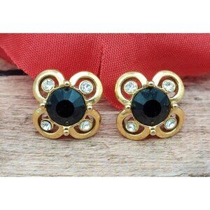 1928 Collection Gold Tone & Black Stud Earrings Small .5" Flower Crystal Accents